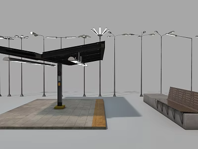Modern Bus Stop Shelter With Bench Street Lamps And Platform Design 3d model