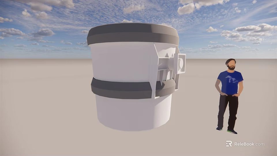 Large White And Gray Container With Person Standing Beside In Outdoor Cloudy Sky 3d model 