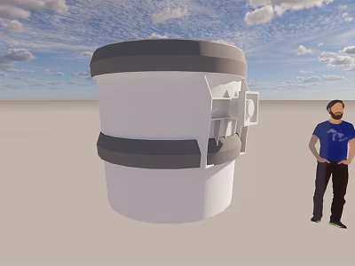Large White And Gray Container With Person Standing Beside In Outdoor Cloudy Sky 3d model
