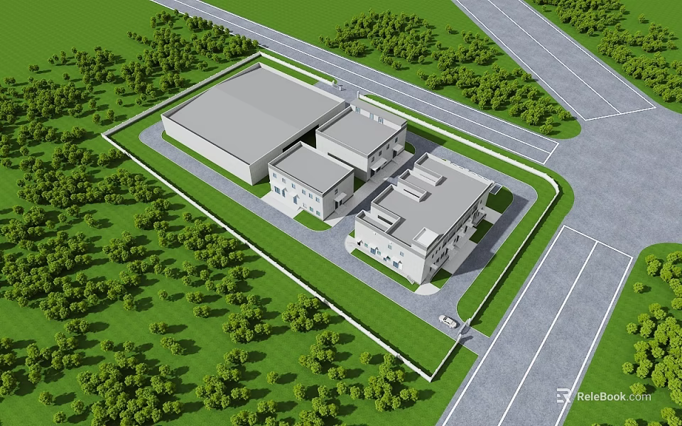 Aerial View Planning of Industrial Complex With Green Spaces And Road Network 3d model 