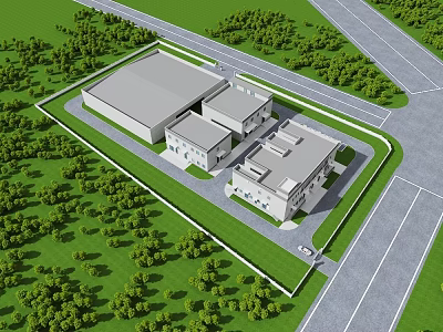 Aerial View Planning of Industrial Complex With Green Spaces And Road Network 3d model