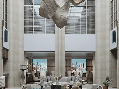 Elegant Hotel Lobby Interior With Spacious Design Comfortable Seating And City View Windows 3d model