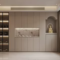 Modern Beige Wine Cabinet With Glass Doors Built in Marble Countertop And Display Shelves