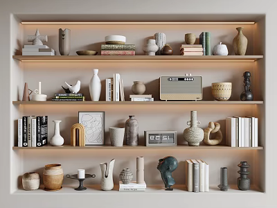 Elegant Decorative Ornament Set With Ceramic Vases Sculptures Books Bowls And Radio On Wall Shelves 3d model