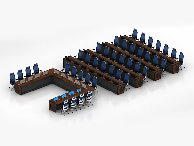 Spacious Conference Room Interior With Wooden Tables And Blue Chairs Layout 3d model