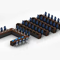 Spacious Conference Room Interior With Wooden Tables And Blue Chairs Layout