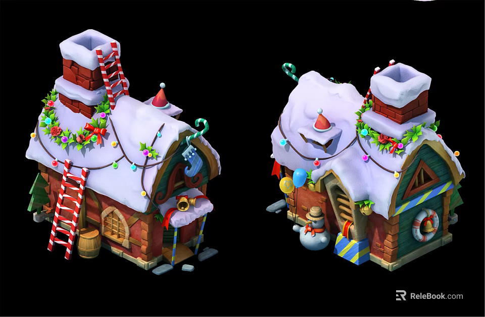 Cartoon Christmas Scene With Snow Covered Gingerbread Houses Festive Wreaths Candy Canes And Snowman 3d model 