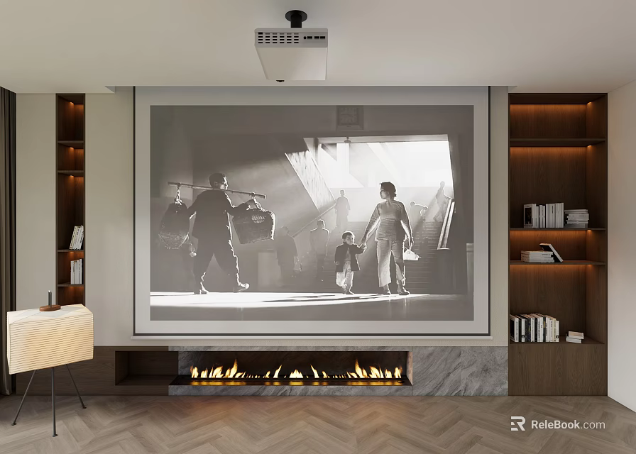 High Definition Projection Monitoring System in Modern Living Room With Large Screen Fireplace and Wooden Shelves 3d model 