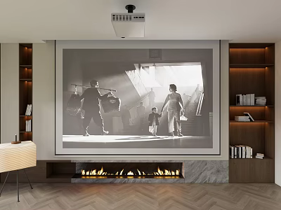 High Definition Projection Monitoring System in Modern Living Room With Large Screen Fireplace and Wooden Shelves 3d model
