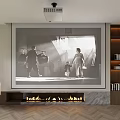 High Definition Projection Monitoring System in Modern Living Room With Large Screen Fireplace and Wooden Shelves