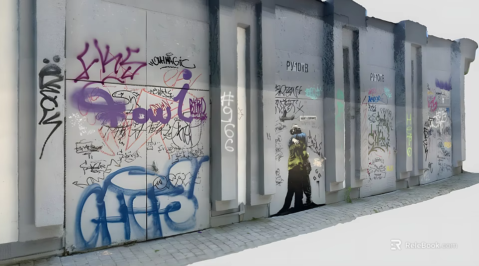 Building Exterior Wall With Colorful Graffiti Silhouette Figure And Visible Texts 3d model 