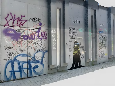 Building Exterior Wall With Colorful Graffiti Silhouette Figure And Visible Texts 3d model