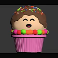 Smiling Cupcake With Chocolate Frosting Colorful Sprinkles Pink Cup And Candy Decorations