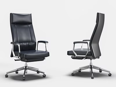 Black Leather Office Chair With High Back Metal Armrests And Wheeled Base 3d model
