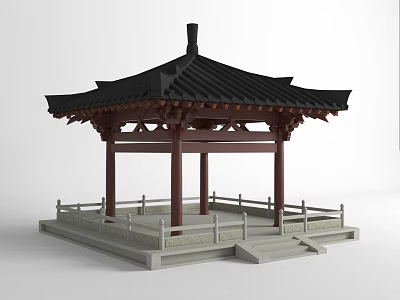 Traditional Chinese Pavilion With Black Roof Red Pillars And Stone Base Railings 3d model