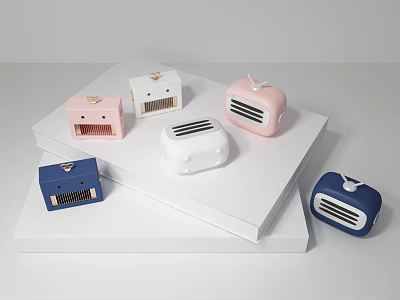 Colorful Cube Shaped Mini Speakers Pink White Blue On White Step Platform Light Grey Background 3d model