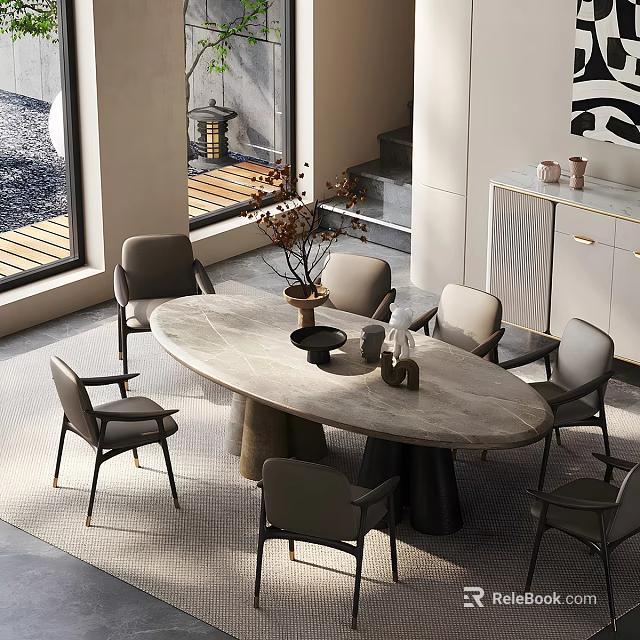 Modern Dining Room Interior With Round Marble Top Table And Six Grey Chairs Set 3d model