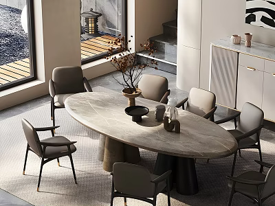 Modern Dining Room Interior With Round Marble Top Table And Six Grey Chairs Set 3d model