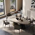 Modern Dining Room Interior With Round Marble Top Table And Six Grey Chairs Set 3d model