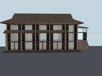 Traditional Homestay Building With Sloped Roof Wooden Exterior And Multiple Windows 3d model