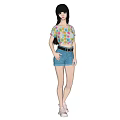 Woman Wearing Colorful Floral Print Cropped Top And Blue Denim Shorts With Brown Belt