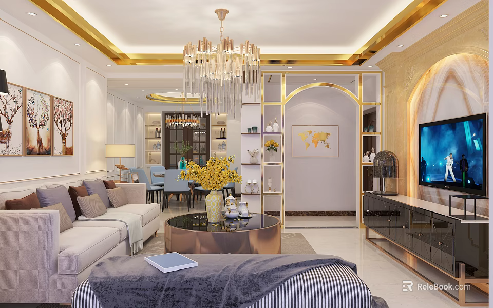 Modern Elegant Living Dining Room Interior With Beige Sofa Gray Pillows Yellow Flowers Chandelier TV 3d model 