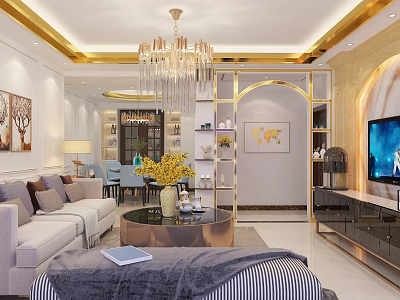 Modern Elegant Living Dining Room Interior With Beige Sofa Gray Pillows Yellow Flowers Chandelier TV 3d model