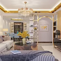 Modern Elegant Living Dining Room Interior With Beige Sofa Gray Pillows Yellow Flowers Chandelier TV