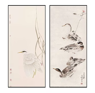 New Chinese Animal Painting Elegant Zen Bird and Bird Pattern Hanging Painting Combination 3d model