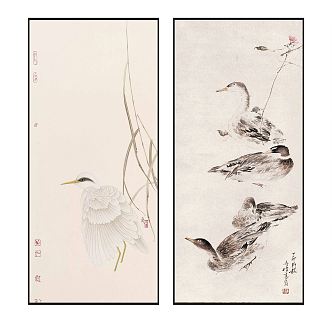 New Chinese Animal Painting Elegant Zen Bird and Bird Pattern Hanging Painting Combination 3d model