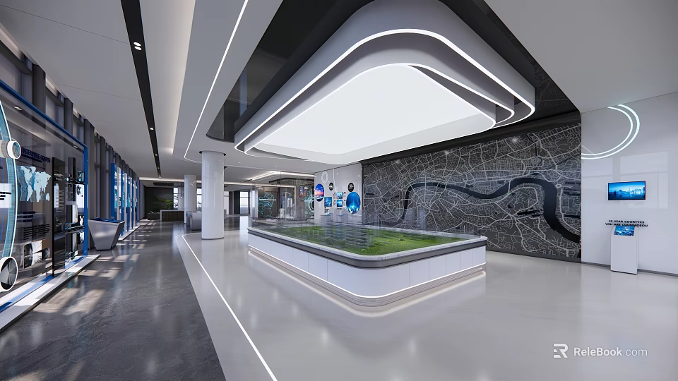 Modern Exhibition Hall Interior With Central Glass Display Platform And LED Lighting Design 3d model 