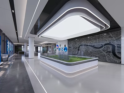 Modern Exhibition Hall Interior With Central Glass Display Platform And LED Lighting Design 3d model