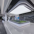 Modern Exhibition Hall Interior With Central Glass Display Platform And LED Lighting Design