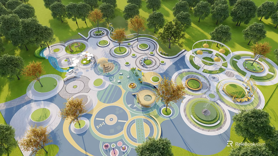 Park Landscape Seats in Circular Layout with Green Lawns and Trees 3d model 