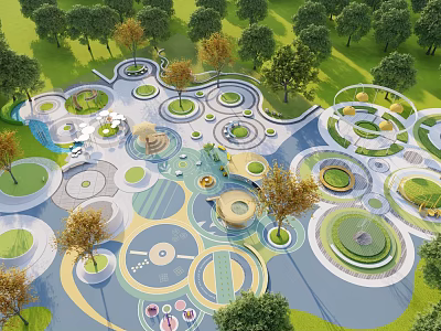 Park Landscape Seats in Circular Layout with Green Lawns and Trees 3d model