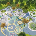 Park Landscape Seats in Circular Layout with Green Lawns and Trees