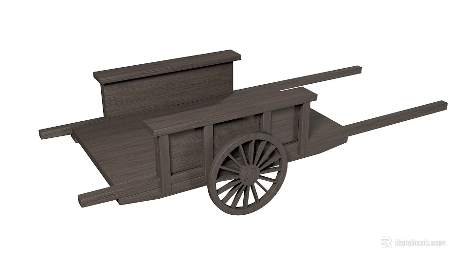 Rustic Wooden Cart With Spoked Wheels And Flat Wooden Platform Structure 3d model