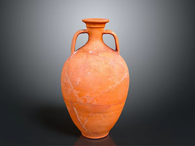 Hand Carved Orange Terra Cotta Vase Sculpture With Two Handles And Cracked Surface 3d model