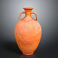 Hand Carved Orange Terra Cotta Vase Sculpture With Two Handles And Cracked Surface