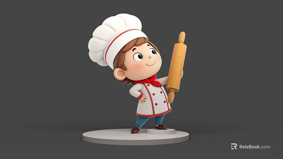 Man In Chef Uniform With White Hat Holding Wooden Rolling Pin On Base 3d model 