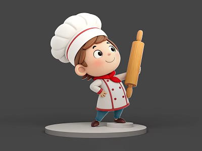 Man In Chef Uniform With White Hat Holding Wooden Rolling Pin On Base 3d model