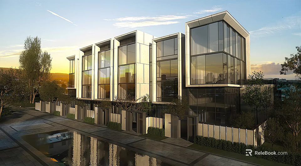 Modern Townhouses With Large Glass Windows Waterfront Exterior And Sunset View Landscaped Fencing 3d model 