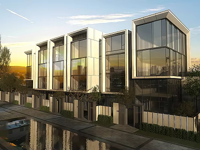 Modern Townhouses With Large Glass Windows Waterfront Exterior And Sunset View Landscaped Fencing 3d model