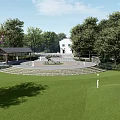 Lush Public Park With Green Lawn Circular Square Trees And White Building Steps