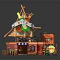 Cartoon Whimsical Beer Tavern Scene With Red Roof Wooden Structure Beer Signboard Stairs And Barrels