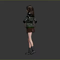 Woman In Green Sweater Brown Skirt With Brown Bag And Black Boots Gray Background