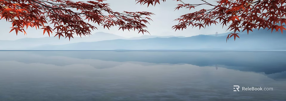 Scenic Landscape With Red Maple Leaves Distant Mountains And Misty Water Surface 3d model 