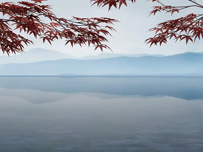 Scenic Landscape With Red Maple Leaves Distant Mountains And Misty Water Surface 3d model