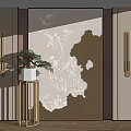 Chinese Style Background Wall With White Floral Pattern Golden Lamps And Potted Plant Decor