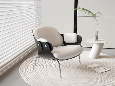Modern Beige Single Sofa with Black Armrests on Woven Rug Near Window Blinds Small Table Plant and Magazines 3d model